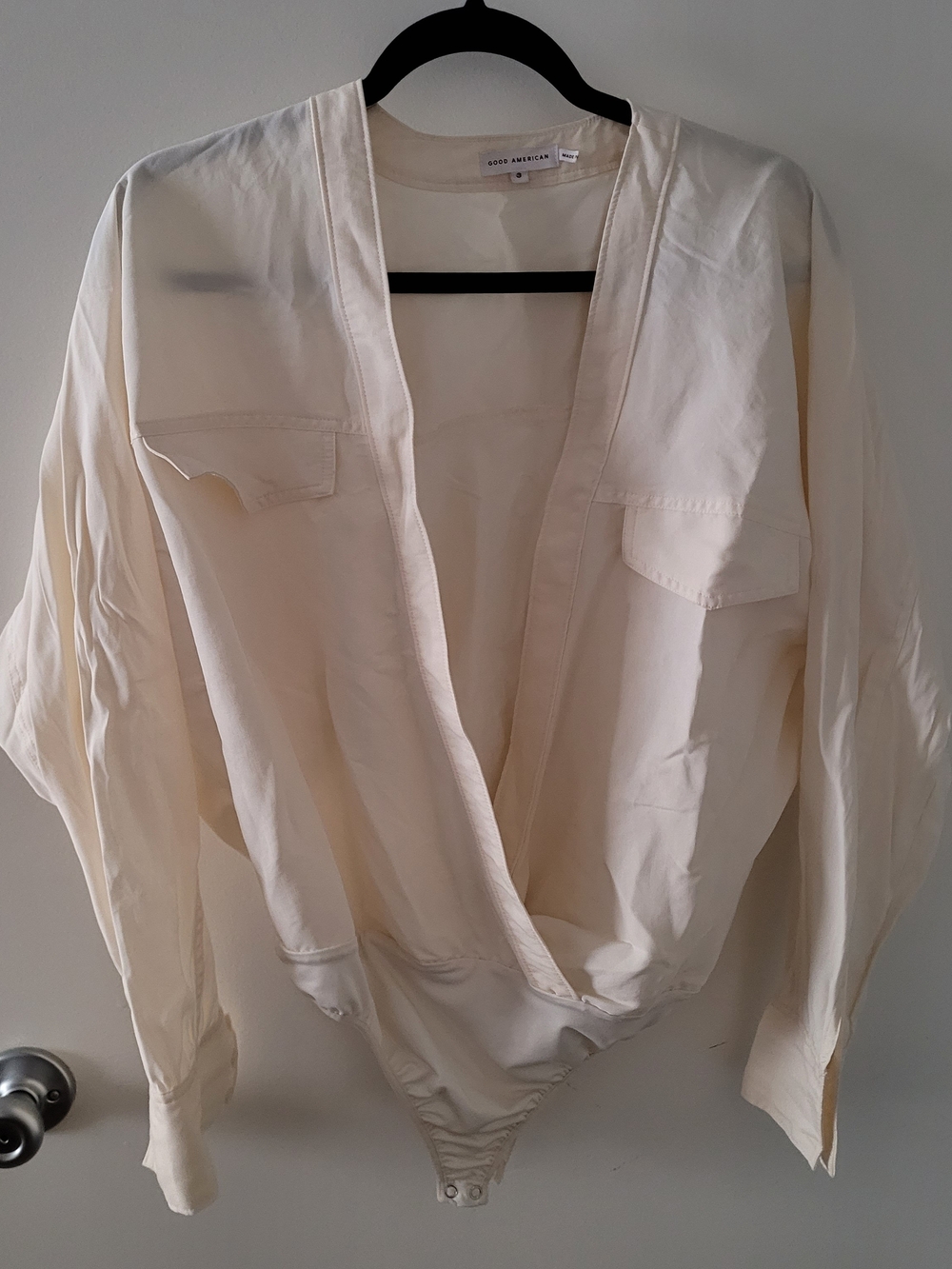 Good American Ivory Wrap-Front Long Sleeve Bodysuit